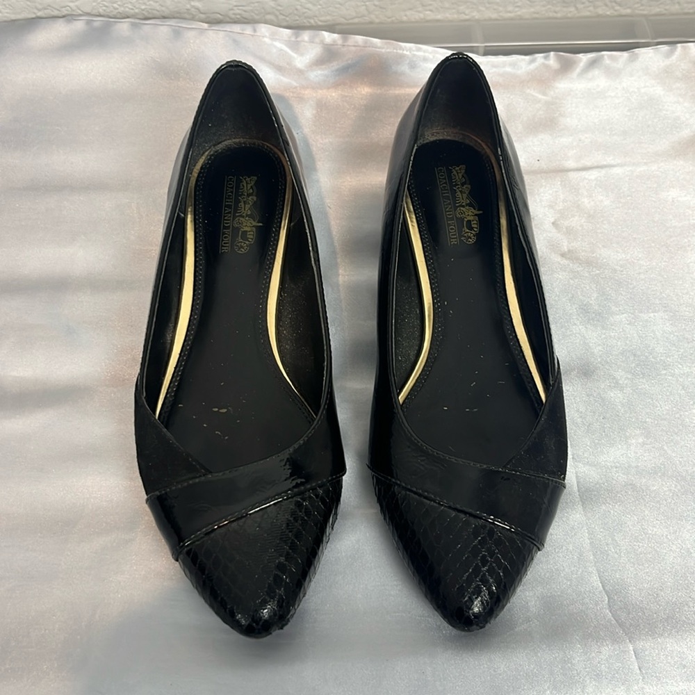 Coach and Four Patent Faux Suede snake skin black flats